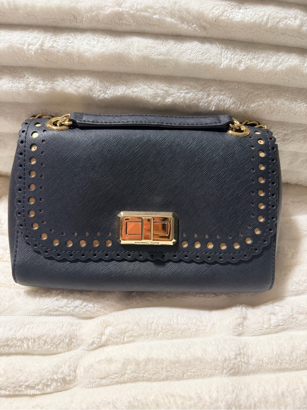 Women's Navy Blue Leather Shoulder Bag with Gold Hardware